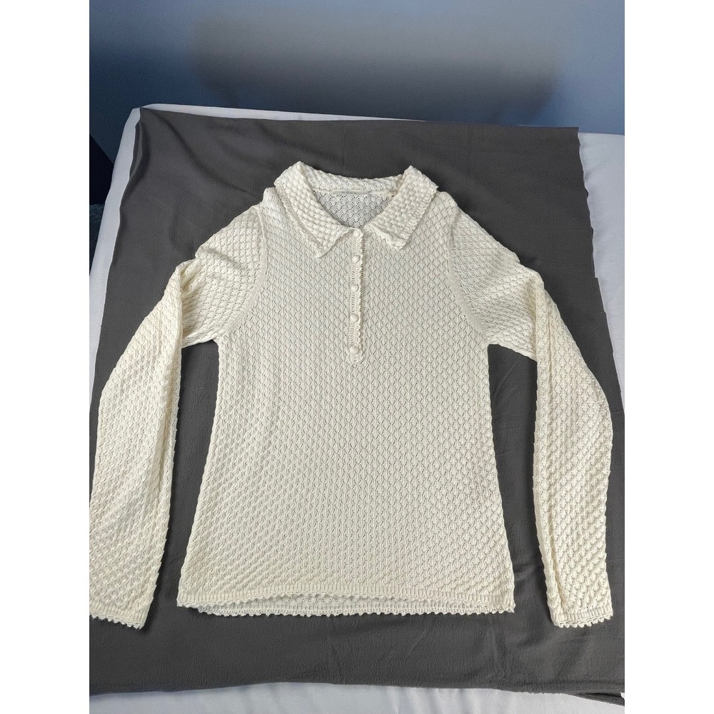 DOEN Speranza Henley Pointelle Knit Polo Sweater Long Sleeve Top Medium